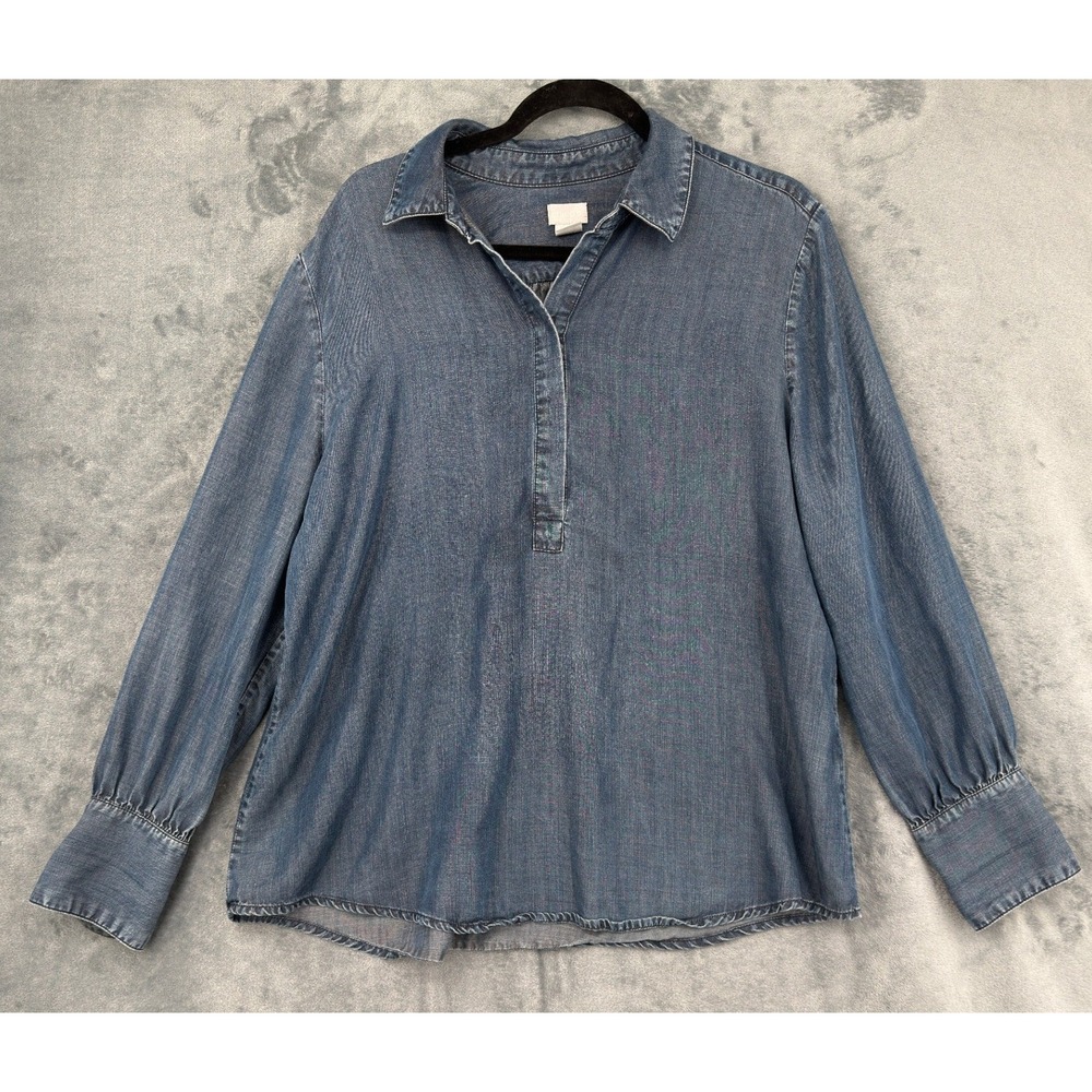 Chicos Shirt Womens Size 3 XL Chambray Button Popover Collared Dark Wash Blue